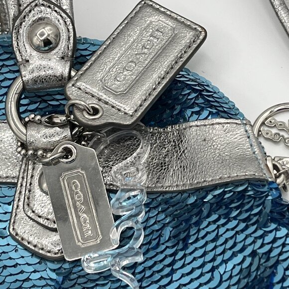 Limited Edition Coach Poppy 16303 Turquoise Sequin Bag w/ Silver Strap - Picture 4 of 16